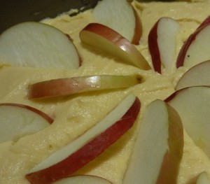 Sliced apples on cake